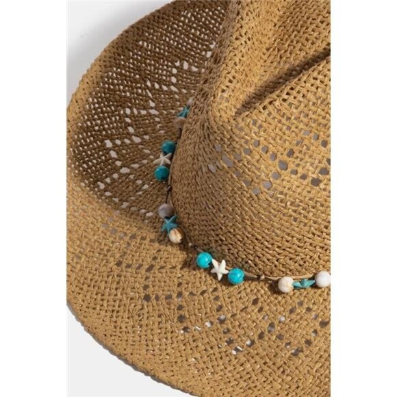 ✨NWT Fame Turquoise‎ and Shell Star Beads Strap Western Straw Hat - Picture 2 of 6